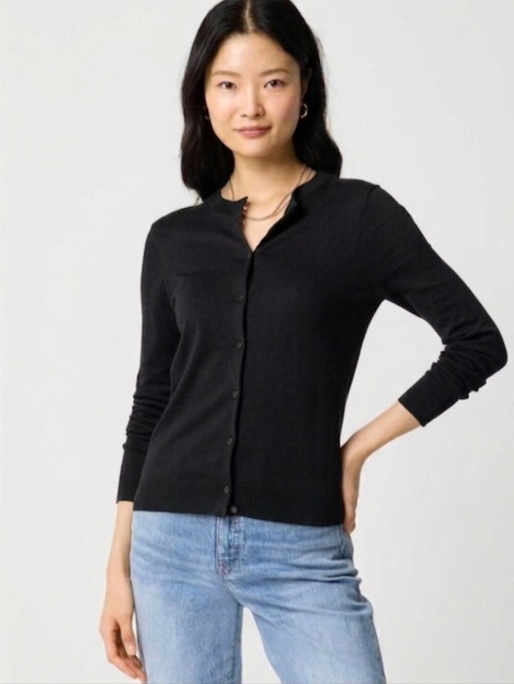 J.Crew The Caryn Cardigan Sweater Black Cotton Button Up M Minimalist Classic